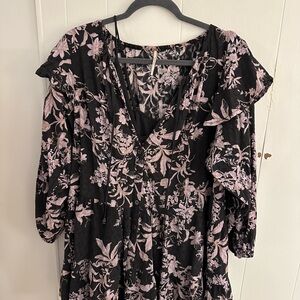 Free People Black and Pink Patterned Blouse